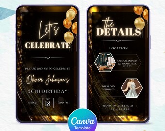 Black and Gold Birthday Video Invitation: Animated Canva Template