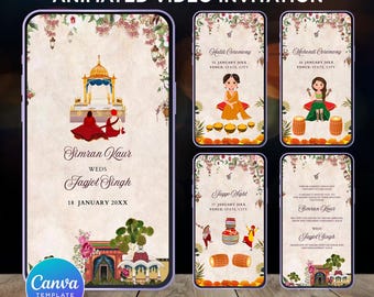 May include: Animated video invitation for a wedding with a traditional Indian theme. The invitation features a colorful design with floral accents, a couple in traditional attire, and text that reads "Simran Kaur Weds Jagjot Singh 18 January 20XX".