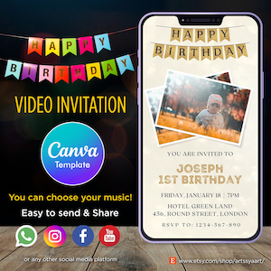 First Birthday Video Invitation: Animated Photo Invite (Canva Template)
