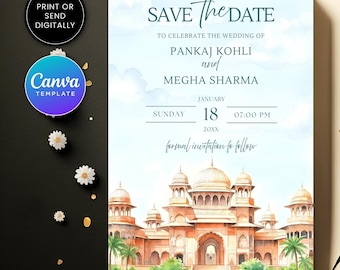 Save the date invitation, Indian wedding invitation, Print card Template, Hindu Wedding invitation, Editable Canva template