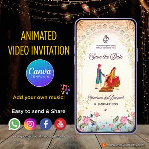Op de afbeelding: Geanimeerde video-uitnodigingssjabloon op een smartphonescherm. Het ontwerp toont een stel in traditionele kleding, met de tekst "Save the Date" en namen. Inclusief social media-iconen en de tekst "Add your own music!" en "Easy to send & Share."