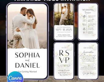 Elegant Animated Wedding Video Invitation: Smartphone Invite, personalize invite (Canva Template)