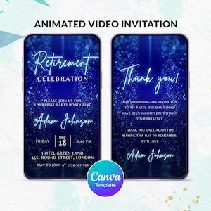 Retirement Party Invitation, blue and silver Invite, Retirement Celebration Evite, smartphone Invitation, Canva Template