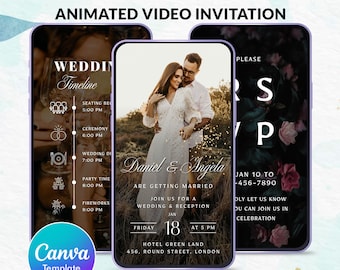 May include: Animated video invitation template for a wedding. The design features three smartphone screens. The center screen displays a couple with the text "Daniel & Angela" and wedding details. The other screens show wedding timeline and RSVP information.