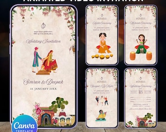 Indian wedding video invitation Template, Animated Wedding invitation, Modern indian wedding, editable Canva template