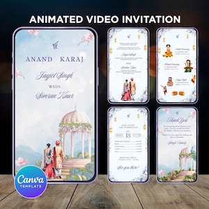 Modelo de convite de vídeo para casamento Sikh, convite de casamento animado indiano, casamento Punjabi, modelo editável do Canva, vídeo de agradecimento