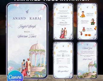 May include: Animated video invitation for an Anand Karaj wedding ceremony. The invitation features a watercolor illustration of a couple in traditional Indian attire walking towards a decorated pavilion. The text on the invitation reads "Anand Karaj", "Jagjol Singh Weds Simran Kaur", and "Join us for the celebration".