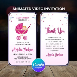 男の子のベビーシャワーのビデオ招待状、アニメーションビデオ招待状、かわいいピンクの招待状、ベビーカー、編集可能なテンプレート