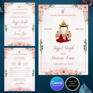 Kaartsjabloon sikh-huwelijksuitnodiging, afdrukbare huwelijksuitnodiging, Punjabi-huwelijk, bewerkbare Canva-sjabloon