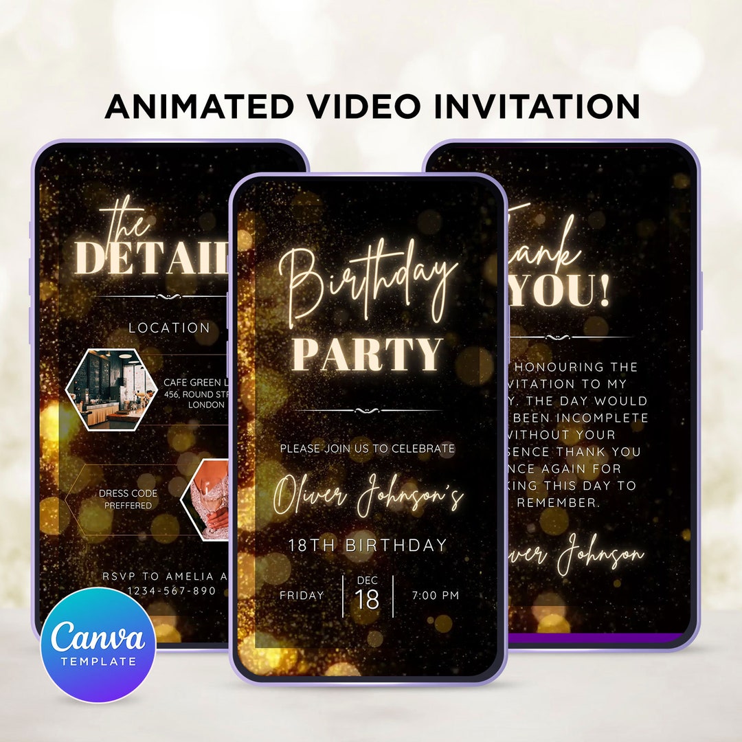 Black and Gold Birthday Party Video Invitation: Editable Canva Template ...