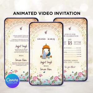 May include: A digital invitation for a wedding ceremony. The invitation features a floral design with a pink and blue color scheme. The text on the invitation reads "Anand Karaj" and "Jagjot Singh weds Simran Kaur". The invitation also includes the date and time of the ceremony, as well as the wedding venue.
