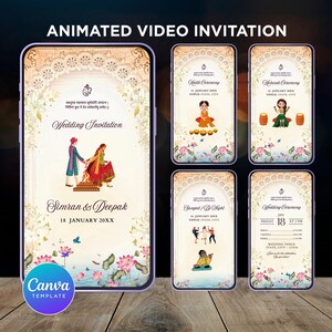 Op de afbeelding: Een digitale trouwuitnodigingssjabloon op een smartphone, met een Indiaas bruiloftthema. Het ontwerp bevat illustraties van een stel, bloemelementen en evenementdetails. De tekst luidt "Animated Video Invitation" en "Canva Template."