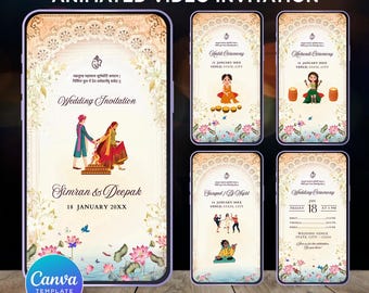 May include: A digital wedding invitation template displayed on a smartphone, featuring a traditional Indian wedding theme. The design includes illustrations of a couple, floral elements, and event details. The text reads "Animated Video Invitation" and "Canva Template."