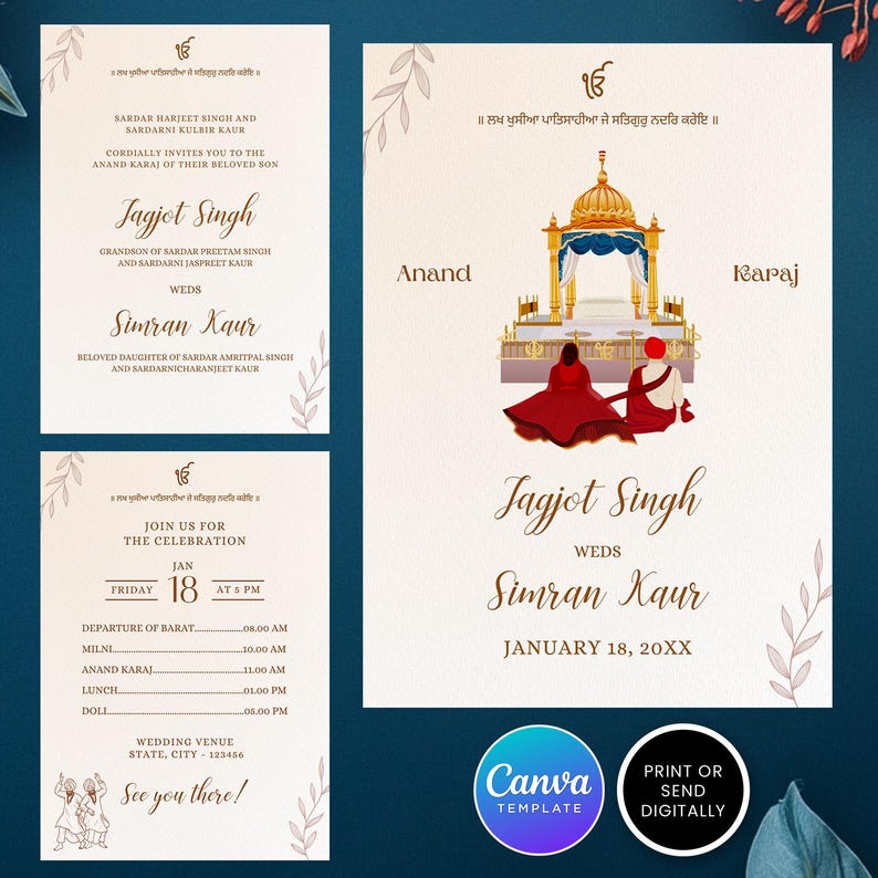 Sikh Wedding Invitation Template: Off-white Punjabi Card (canva ...