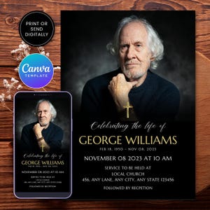 May include: Black and gold funeral announcement with a photo of a man. The announcement reads "Celebrating the life of George Williams, Feb 18, 1950 - Nov 08, 2023, November 08, 2023 at 10 am, Service to be held at Local Church, 456, Any Lane, Any City, Any State 123456, Followed by Reception."