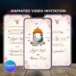 Sikh Hochzeitsvideoeinladung Vorlage, animierte Hochzeitseinladung, Punjabi Hochzeit, bearbeitbare Canva Vorlage