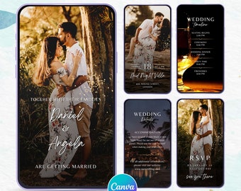 Puede incluir: Un conjunto de invitaciones de boda con cuatro tarjetas diferentes. La primera tarjeta presenta a una pareja abrazándose en un entorno boscoso. La segunda tarjeta tiene una línea de tiempo de los eventos de la boda. La tercera tarjeta tiene detalles sobre el lugar de la boda y el alojamiento. La cuarta tarjeta tiene una solicitud de RSVP con una fecha y información de contacto.