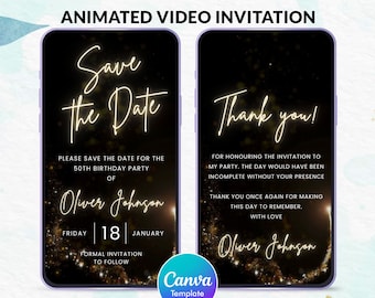 Black and Gold Birthday Invitation: Animated Video, Canva Template