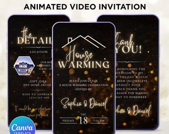 Könnte beinhalten: Eine digitale Einladung zu einer Einweihungsfeier. Die Einladung hat einen schwarzen Hintergrund mit goldenem Glitzer und den Text "House Warming" in Weiß. Die Einladung enthält auch die Namen "Sophia & Daniel" sowie das Datum und die Uhrzeit der Feier: Freitag, 18. Dezember um 19:00 Uhr.