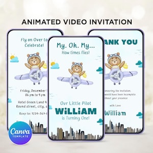 Invitation vidéo de fête d'anniversaire d'enfants, thème aviateur pilote, invitation vidéo animée, anniversaire de garçon, thème avion, modèle canva