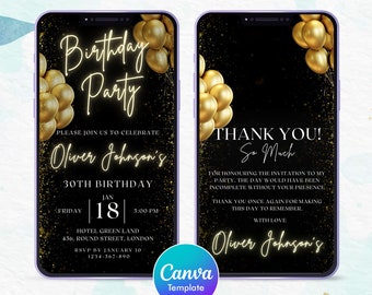 Black and Gold Birthday Video Invitation: Balloons Canva Template