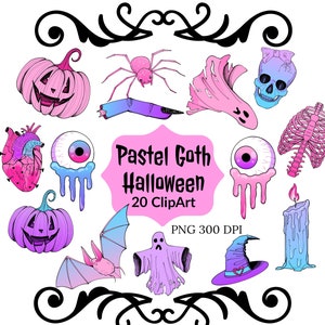 Pastel Goth Halloween Clipart, PNG, Digital Download, pumpkins, skulls, spiders, terrorific eyes, horror, commercial use