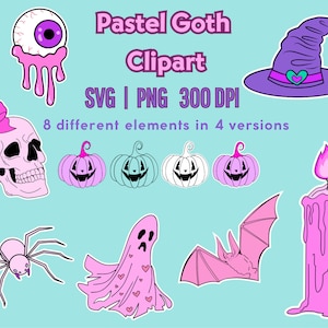 Pastel Goth SVG Halloween Clipart, PNG Stickers, Digital Download, pumpkins, skulls, spiders, eye, horror, Witchy, Goth FREE commercial use