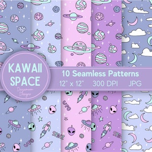 Kawaii Space Seamless Patterns, Planets, Aesthetic, Galaxy, Cute, Pink, Pastel colors, UFO, Alien, Rocket, DIGITAL DOWNLOAD, Commercial Use