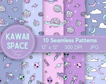 Kawaii Space Seamless Patterns, Planets, Aesthetic, Galaxy, Cute, Pink, Pastel colors, UFO, Alien, Rocket, DIGITAL DOWNLOAD, Commercial Use