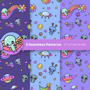 Kawaii Space Alien Seamless Patterns, Groovy smiley faces happy face good vibes UFO, Planets, Galaxy, DIGITAL DOWNLOAD, Commercial Use, cute