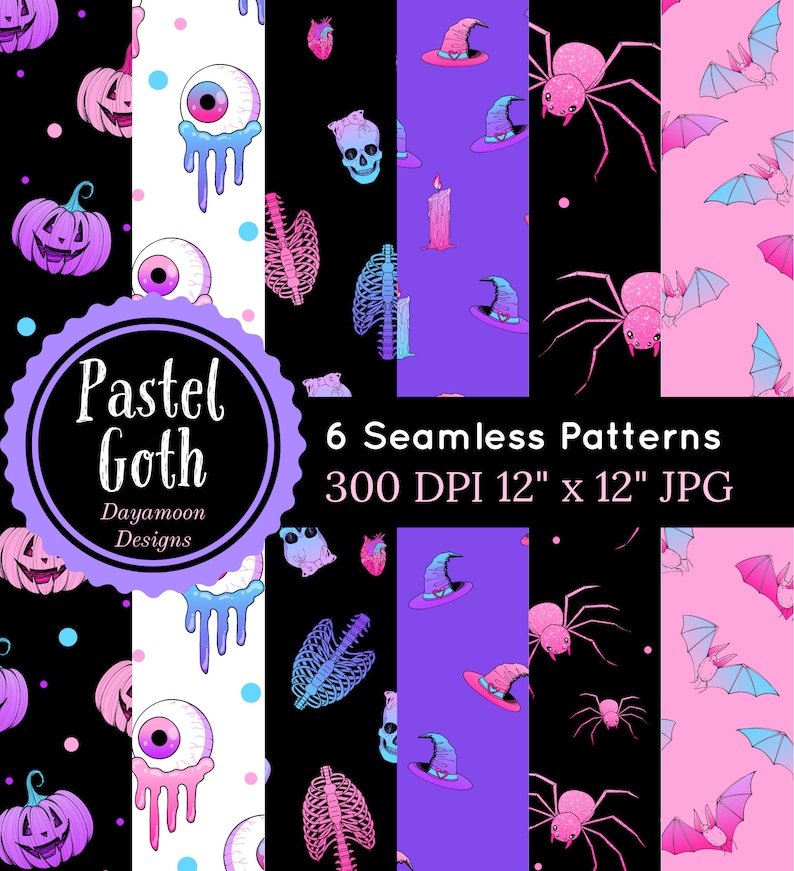 Pastel Goth Seamless Patterns Digital Papers Halloween Pumpkins, Skulls ...