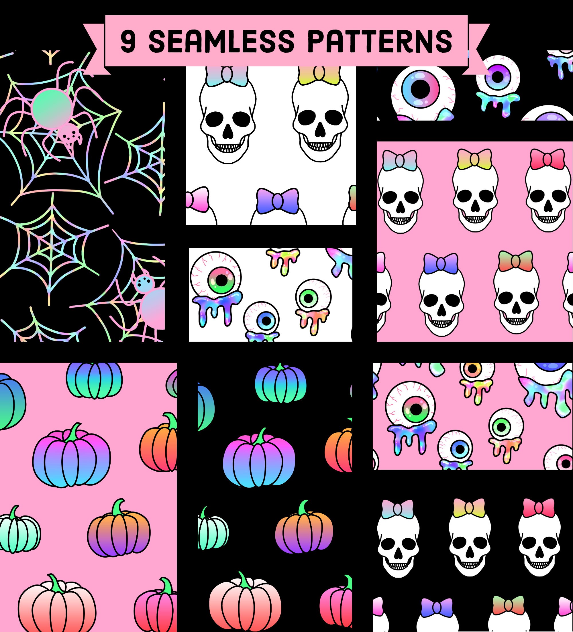 Pastel Goth Halloween Seamless Patterns Black White and Pink - Etsy