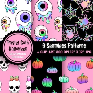 Pastel Goth Halloween, Seamless Patterns black, white and pink JPG Digital Papers, Clipart, commercial use