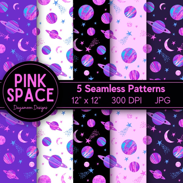 Pink Space Seamless Patterns, Planets, Galaxy, Aesthetic, glitter stars, JPG, Celestial Digital Papers, commercial use