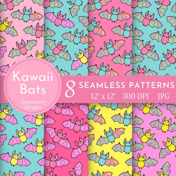 Pastel Goth | Kawaii Bats Halloween, Seamless Patterns, JPG, Digital Papers for Halloween, pink, aqua, pastel colors, commercial use, cute