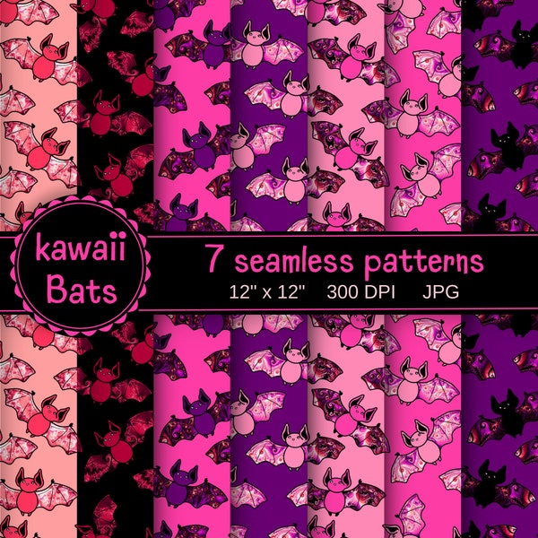 Pastel Goth | Kawaii Bats Halloween, Seamless Patterns, JPG, Digital Papers for Halloween, red, pink, black, magenta, commercial use, cute