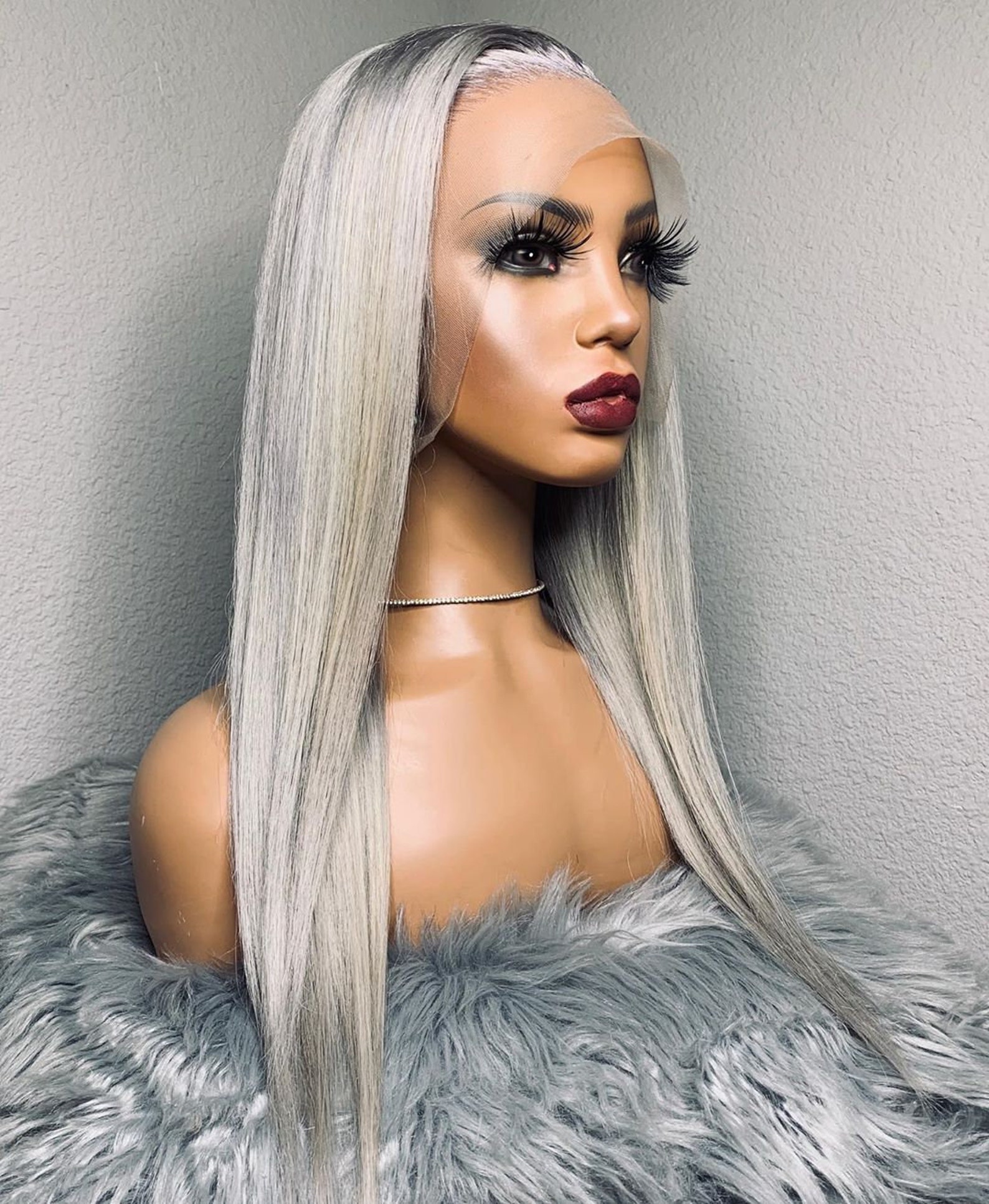 Gray Straight Frontal Wig Pre Plucked 150 Density Human Hair Etsy