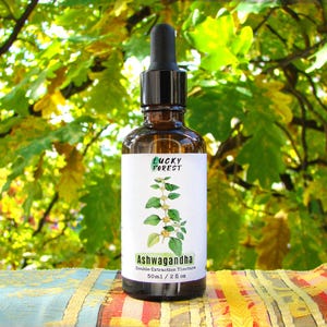 Może przedstawiać: Brązowa szklana butelka z czarną pipetą, z etykietą "Lucky Forest" i "Ashwagandha Double Extraction Tincture". Etykieta zawiera ilustrację zielonej rośliny. Butelka zawiera 50 ml płynu. Tło to rozmyty widok zielonych i ż&oacute;łtych liści.