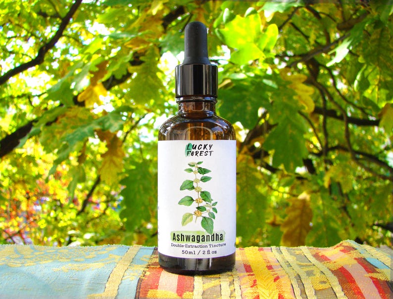 Może przedstawiać: Brązowa szklana butelka z czarną pipetą, z etykietą "Lucky Forest" i "Ashwagandha Double Extraction Tincture". Etykieta zawiera ilustrację zielonej rośliny. Butelka zawiera 50 ml płynu. Tło to rozmyty widok zielonych i ż&oacute;łtych liści.