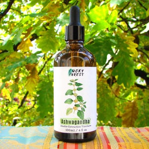 May include: A brown glass bottle with a black dropper, labeled "Lucky Forest" and "Ashwagandha Double Extraction Tincture." The label features a green plant illustration. The bottle contains 4 fl oz (118 ml).