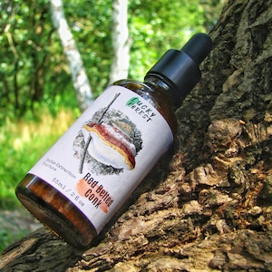 Op de afbeelding: Een bruine glazen fles met een druppelaar, met het label "Lucky Forest" en "Red Belted Conk". De fles staat op een boomstam met een groene achtergrond.