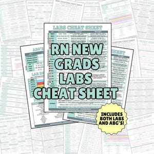 May include: A collection of white paper cheat sheets with medical information. The central sheet reads "RN NEW GRADS LABS CHEAT SHEET" in large teal letters. Additional sheets are visible in the background, with the text "INCLUDES BOTH LABS AND ABG'S!"