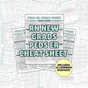 以下が含まれることがあります： 小児救急室で働く新卒看護師のためのカラフルなカンニングシート。カンニングシートには、一般的な小児疾患55種類に関する情報が含まれています。