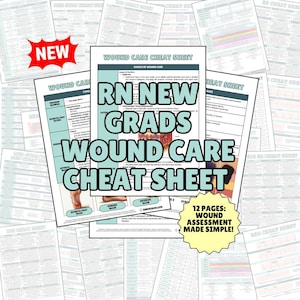 May include: A 12-page wound care cheat sheet for nursing graduates featuring medical information, diagrams of skin layers, and wound types. The document includes a yellow starburst graphic with the text 12 PAGES: WOUND ASSESSMENT MADE SIMPLE and a red NEW starburst.