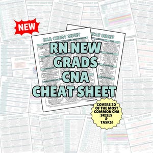 Puede incluir: Una hoja de referencia CNA blanca con texto negro, tablas e información médica organizada. El documento incluye una estrella roja con la palabra NEW y una estrella amarilla que dice COVERS 30 OF THE MOST COMMON CNA SKILLS & TASKS.