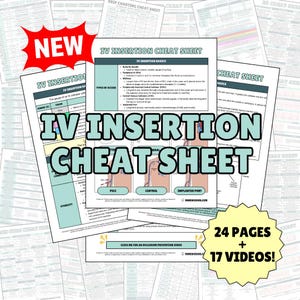 May include: A colorful cheat sheet with diagrams and text about IV insertion basics. The cheat sheet includes information about different types of IV access, including PICC, central, and implanted ports. The text includes the words "IV Insertion Cheat Sheet" and "24 Pages + 17 Videos!"