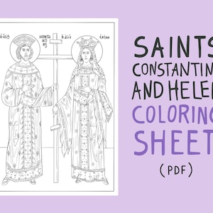 Icono cristiano ortodoxo de los santos Constantino y Elena (Άγιοι Κωνσταντίνος Και Ελένη) Páginas para colorear PDF / Carteles de escuela dominical para niños