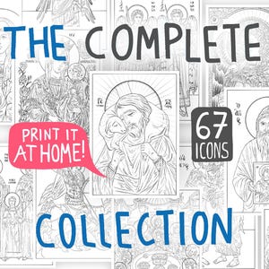 Puede incluir: Una colección de 67 iconos imprimibles en blanco y negro que representan figuras y símbolos religiosos. El texto "THE COMPLETE COLLECTION" y "PRINT IT AT HOME!" se muestra en la imagen.