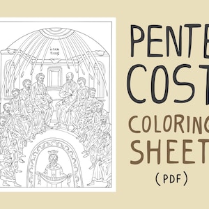 Puede incluir: Una página para colorear en blanco y negro que representa el evento bíblico de Pentecostés. La imagen muestra a un grupo de personas reunidas en una habitación con una paloma descendiendo del techo. El texto "PENTECOST COLORING SHEET (PDF)" está escrito en marrón en la parte inferior derecha de la imagen.