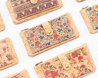 Natürliches Kork Portemonnaie - Brieftasche für Frauen | Nachhaltig - Vegan - Fair - Handgemacht - Geldbeutel mit Blumen & Tradition Muster